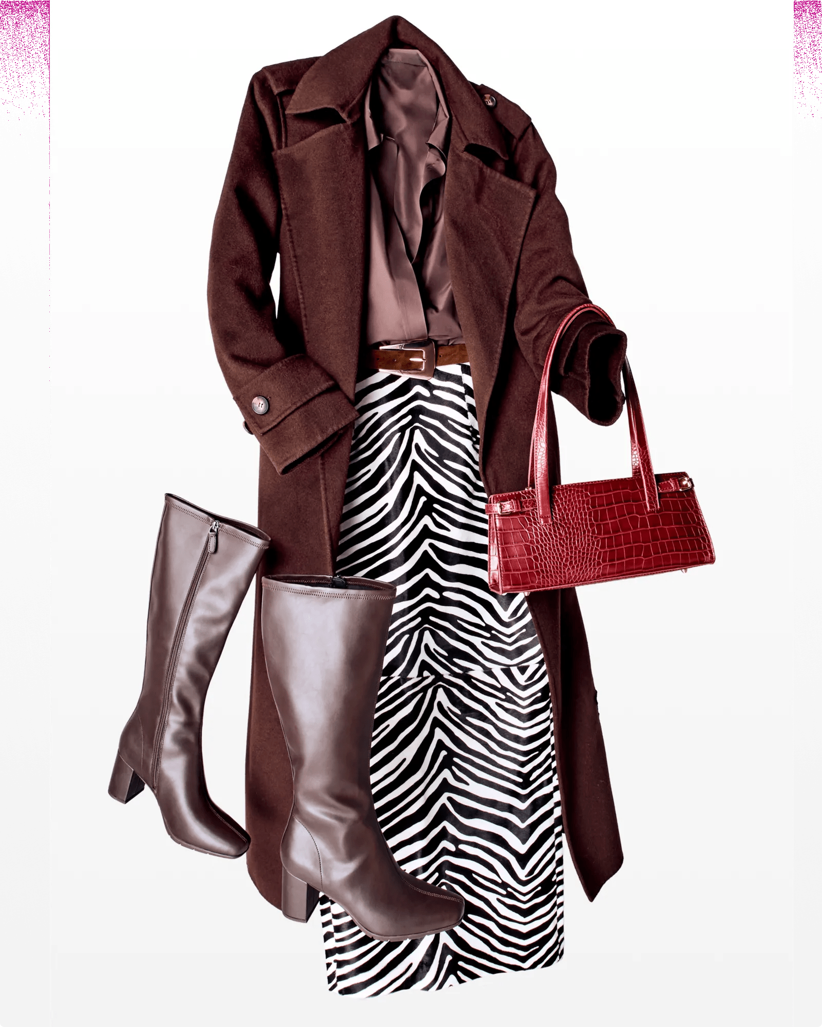 Flatly of women's brown outfit including a chocolate brown trench coat, brown satin button down, a zebra print slip skirt, brown belt, and tall brown boots by LifeStride 601680.