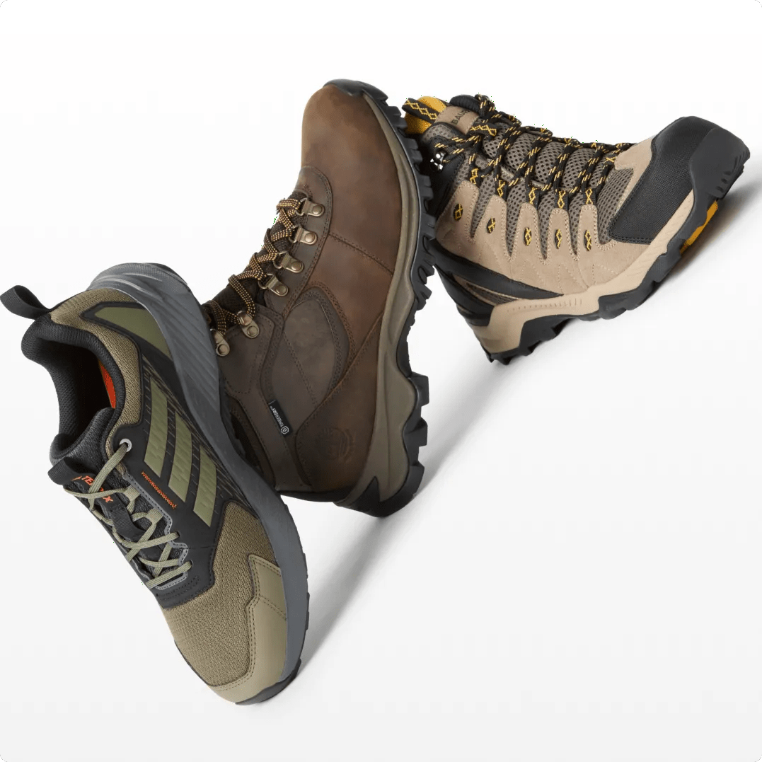 Featuring an assortment of hiking boots and shoes