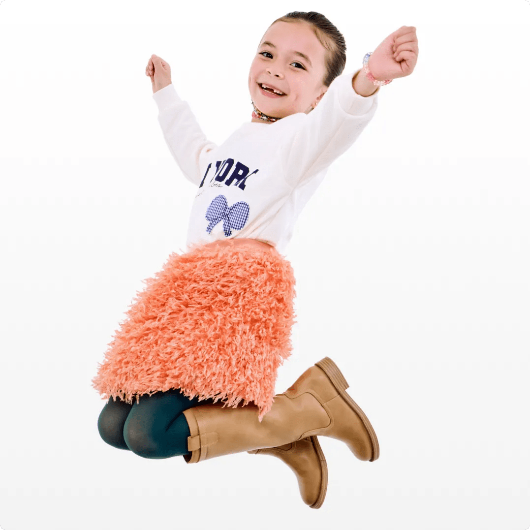 Featuring a kids model in tall boots