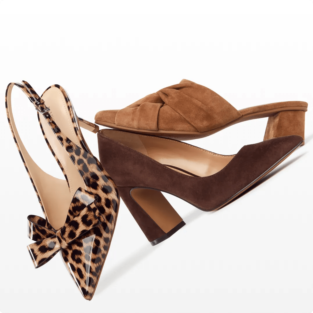 Featuring an assortment of shades of brown and animal print heels.