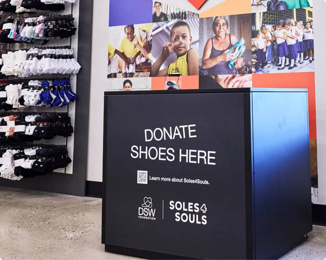 Featuring a shoe donation box at a DSW store.