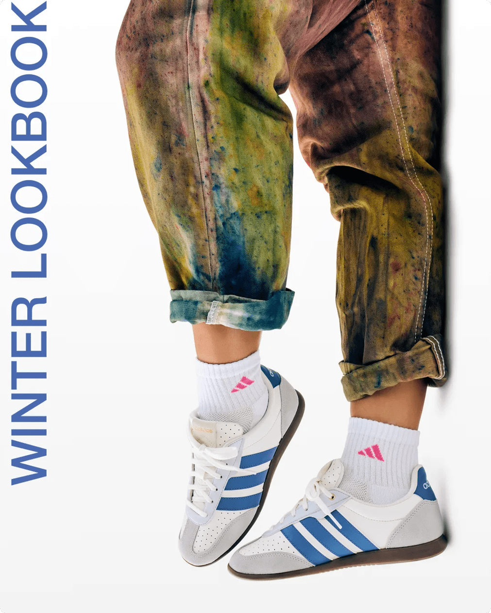 Featuring colorful pants and court sneakers.