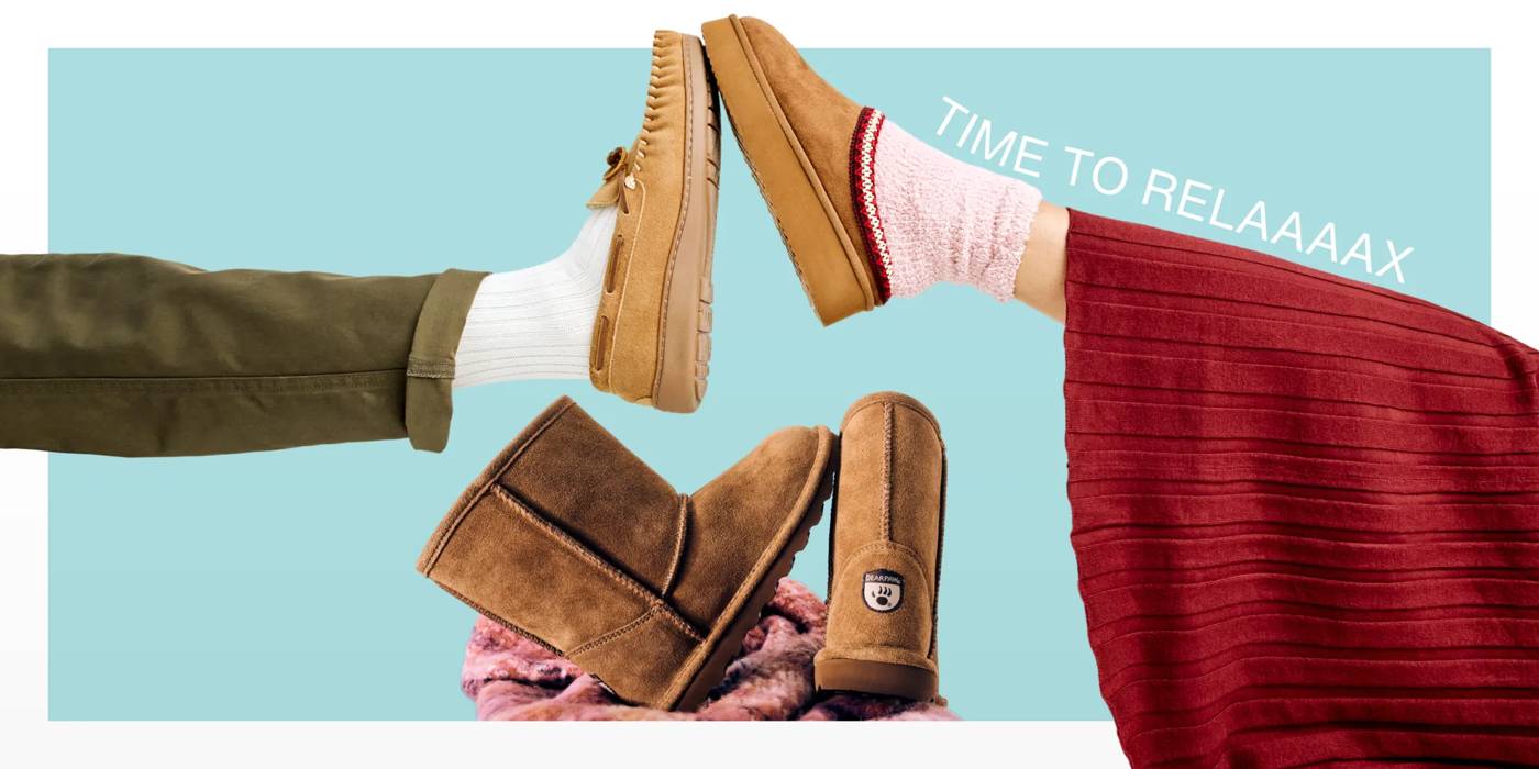 Featuring a model in slippers and a cozy pair of boots.