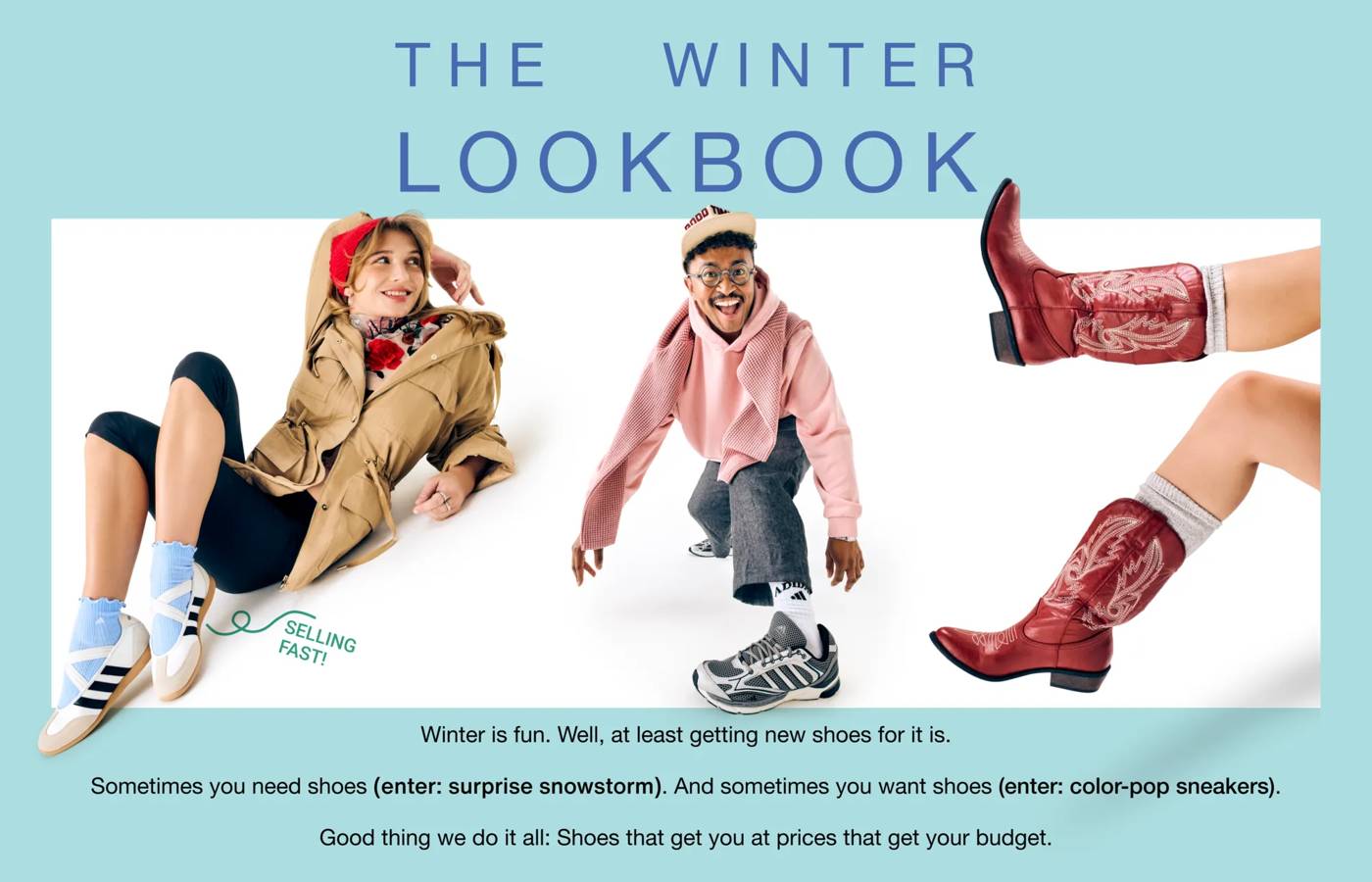 Featuring models wearing a variety of shoes.