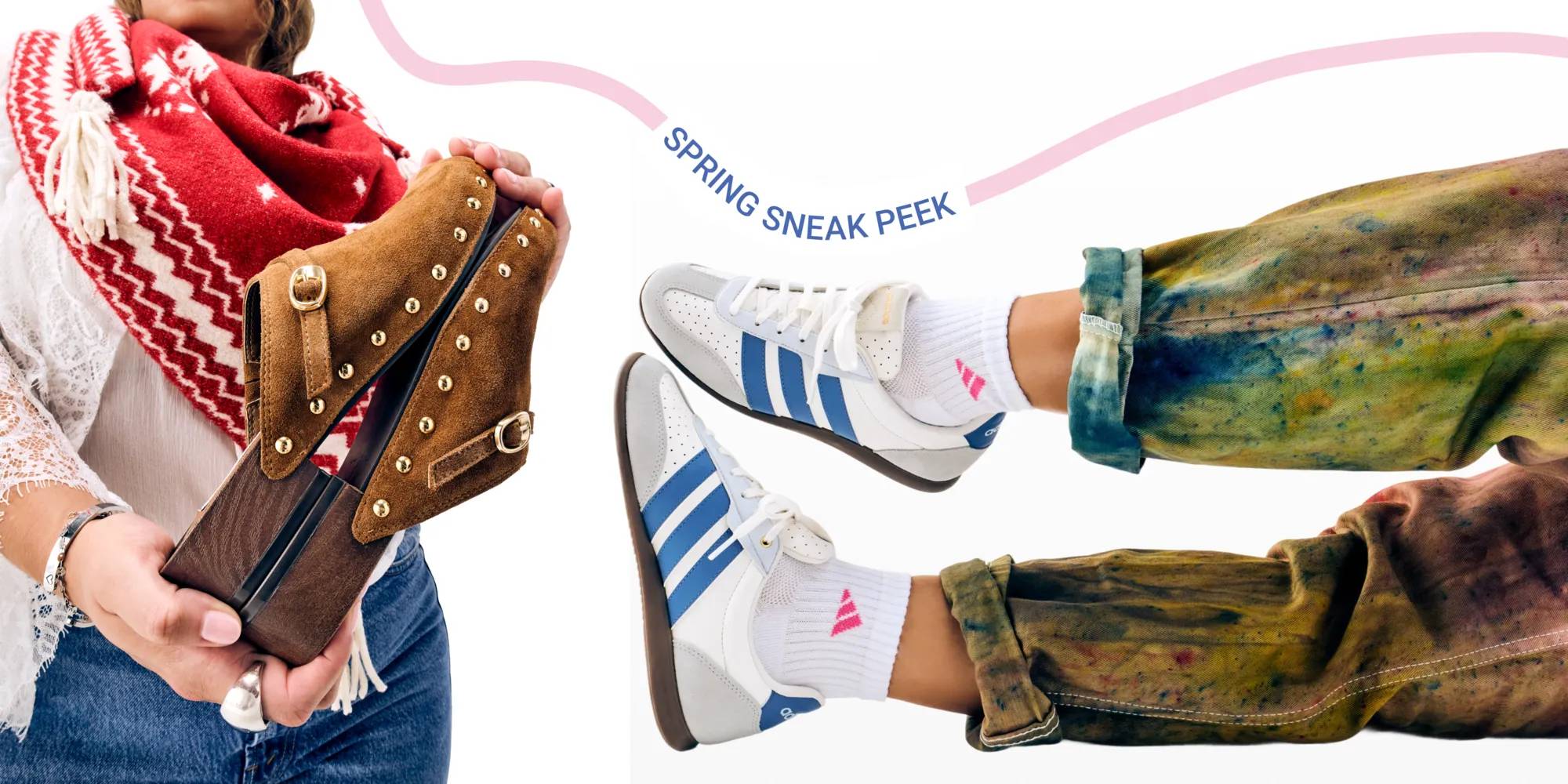 Featuring a model in adidas sneakers and a model holding clogs.