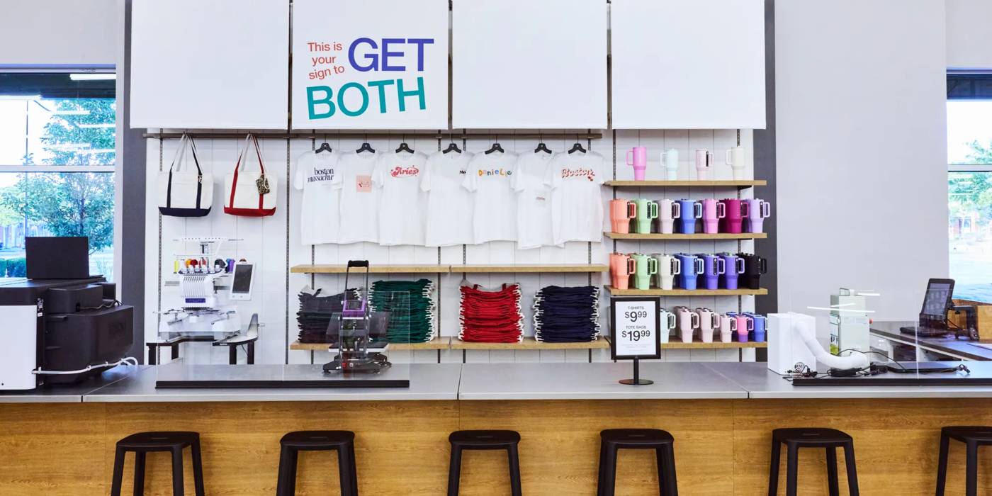 Feature of DSW's new in store features like the embroidery station at the Framingham, MA store location.