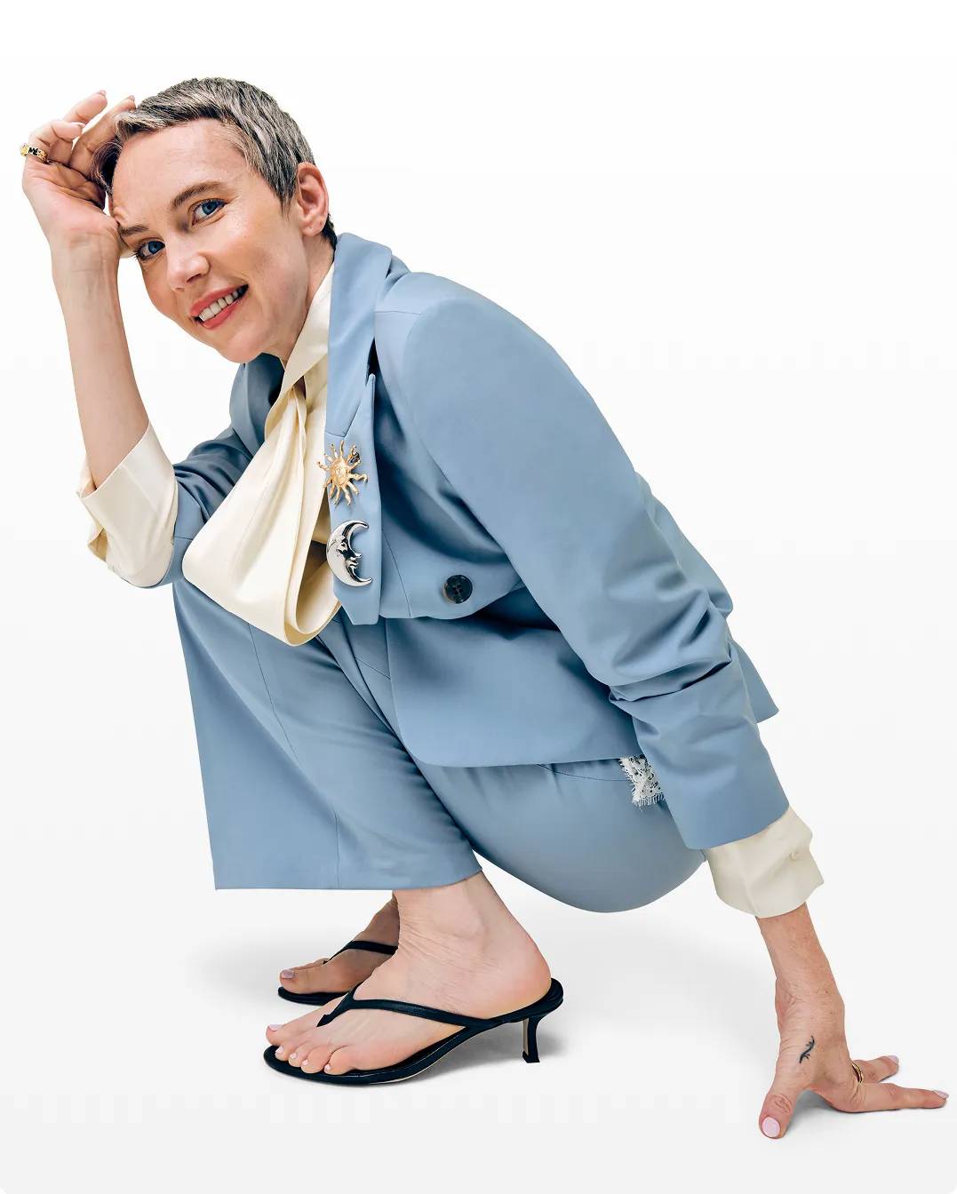 Featuring a model in kitten heels which are a perfect low-heel option for graduation.