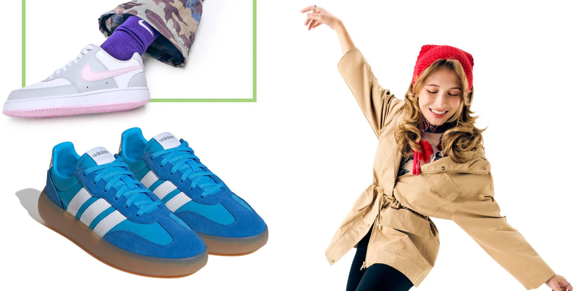 Featuring blue adidas sneakers & a model