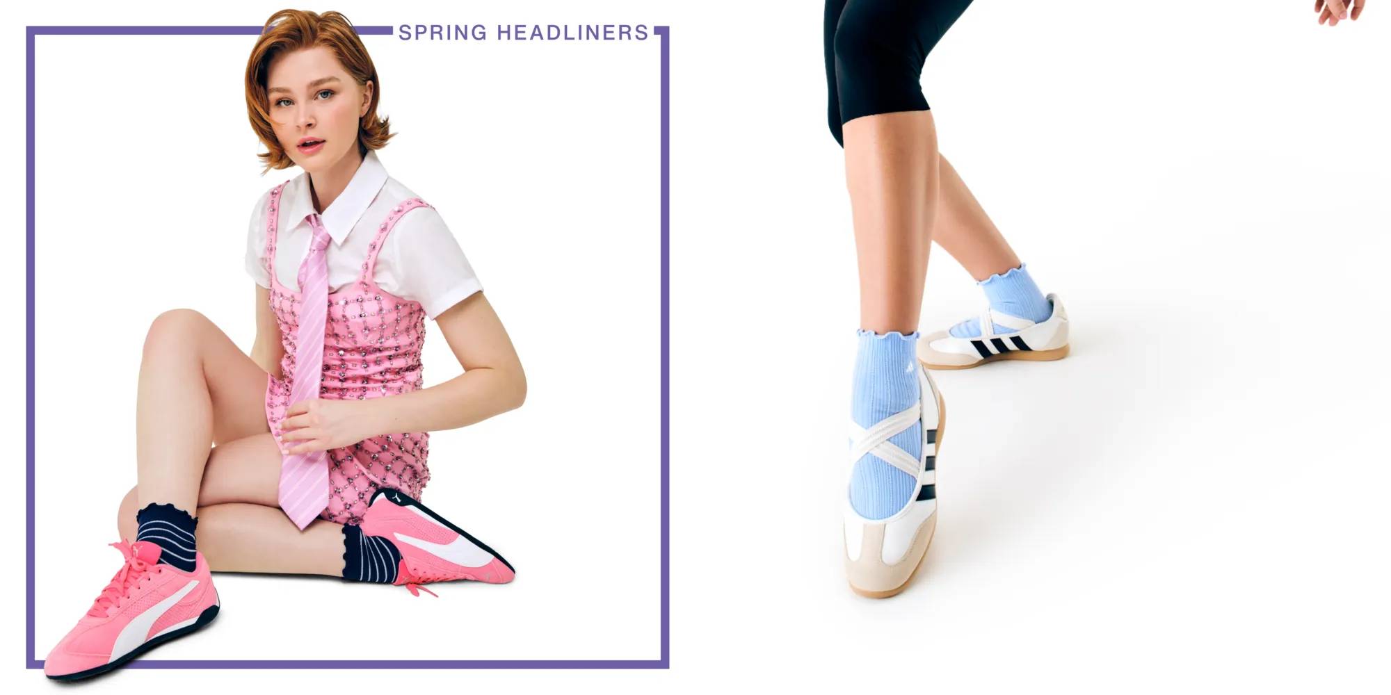 Featuring a model wearing pink pumas and mary jane adidas