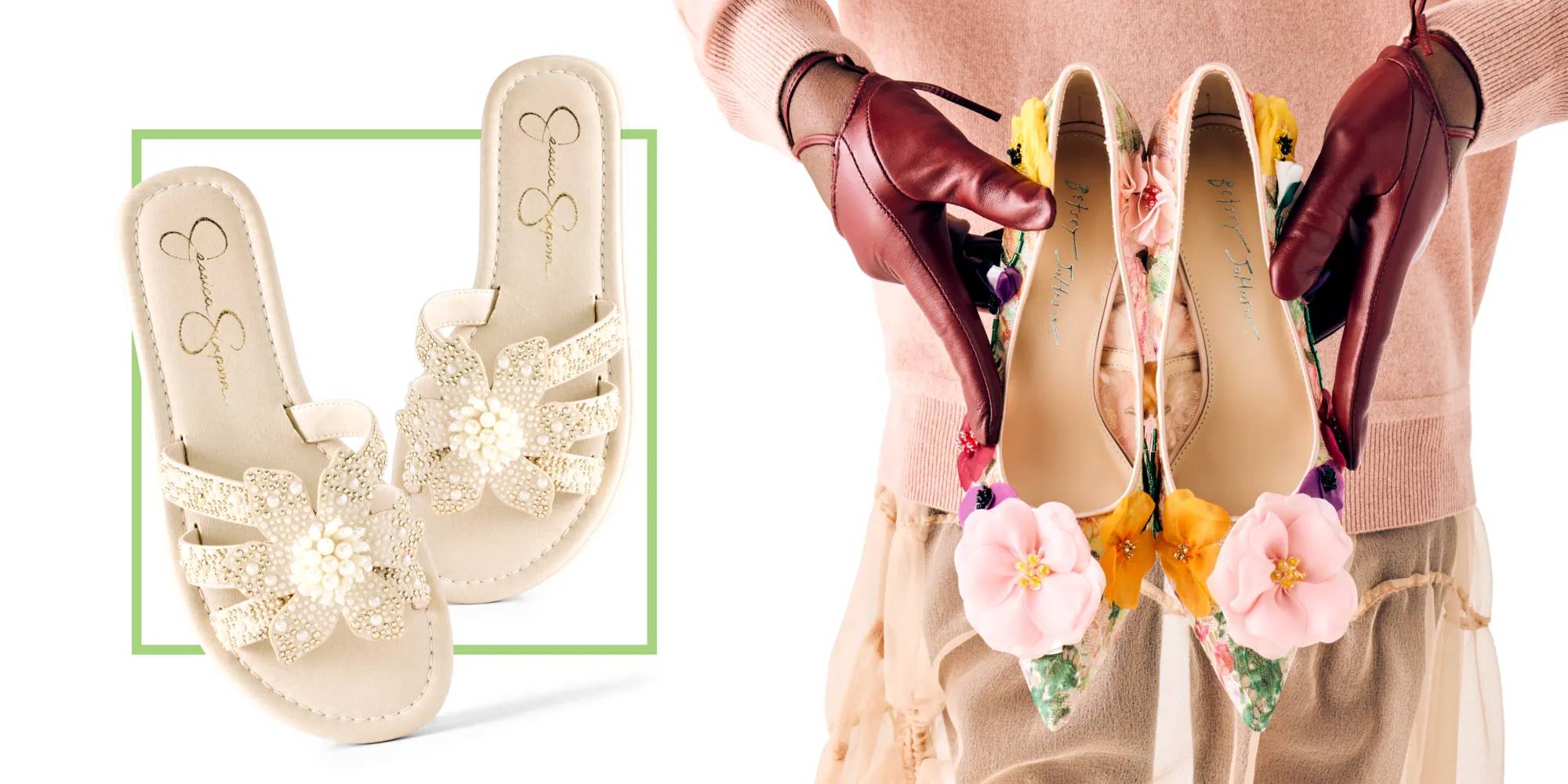 Featuring a floral studded sandal & floral heels