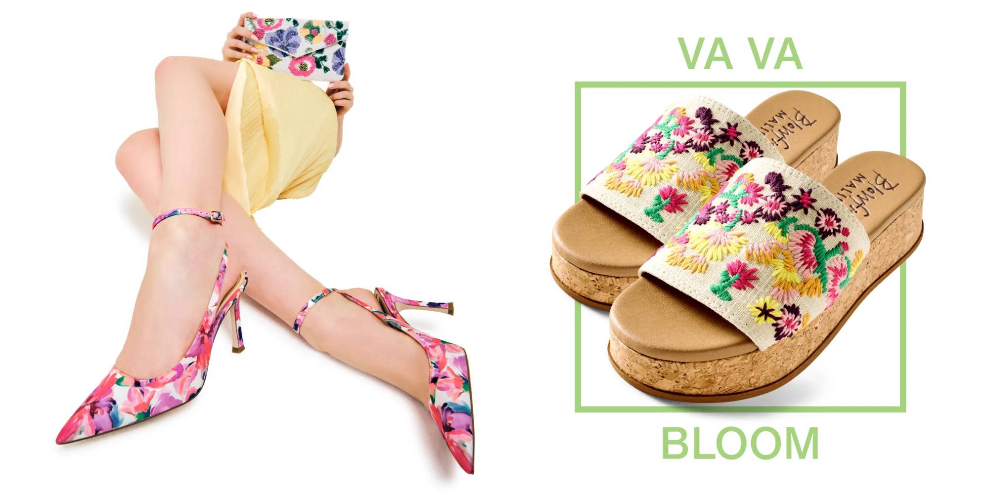 Featuring a model wearing floral heels & platform sandals.