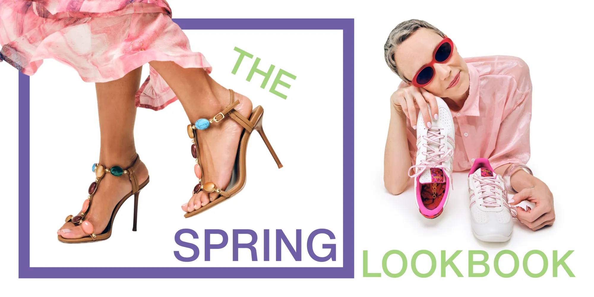 Featuring a model wearing heels & a model showcasing sneakers.