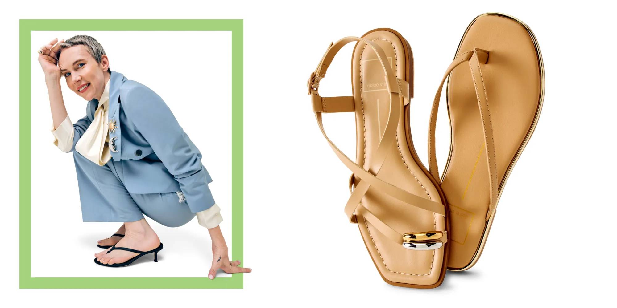 Featuring a model wearing kitten heels & brown sandals