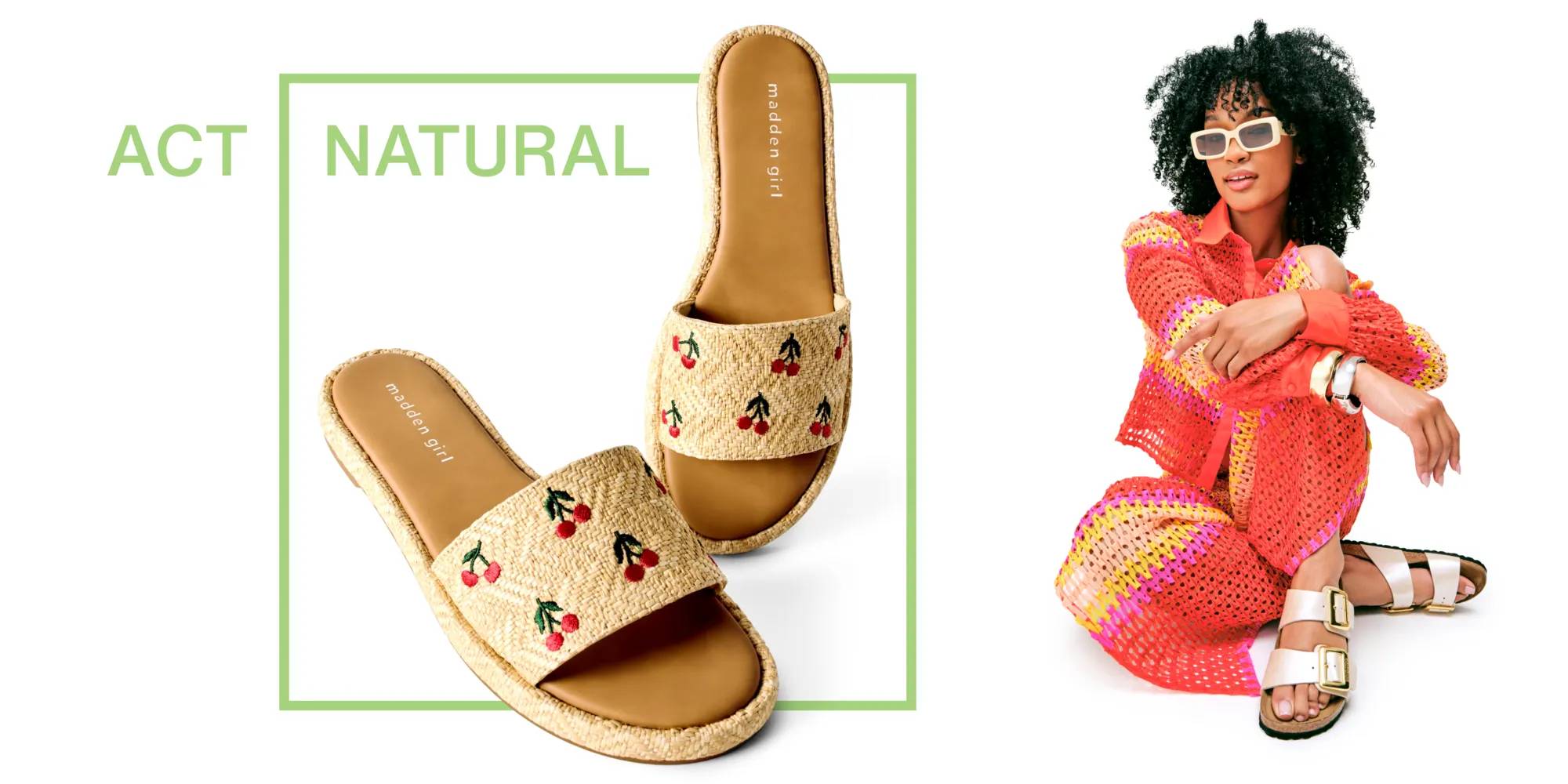 Featuring a model wearing sandals & sunglasses