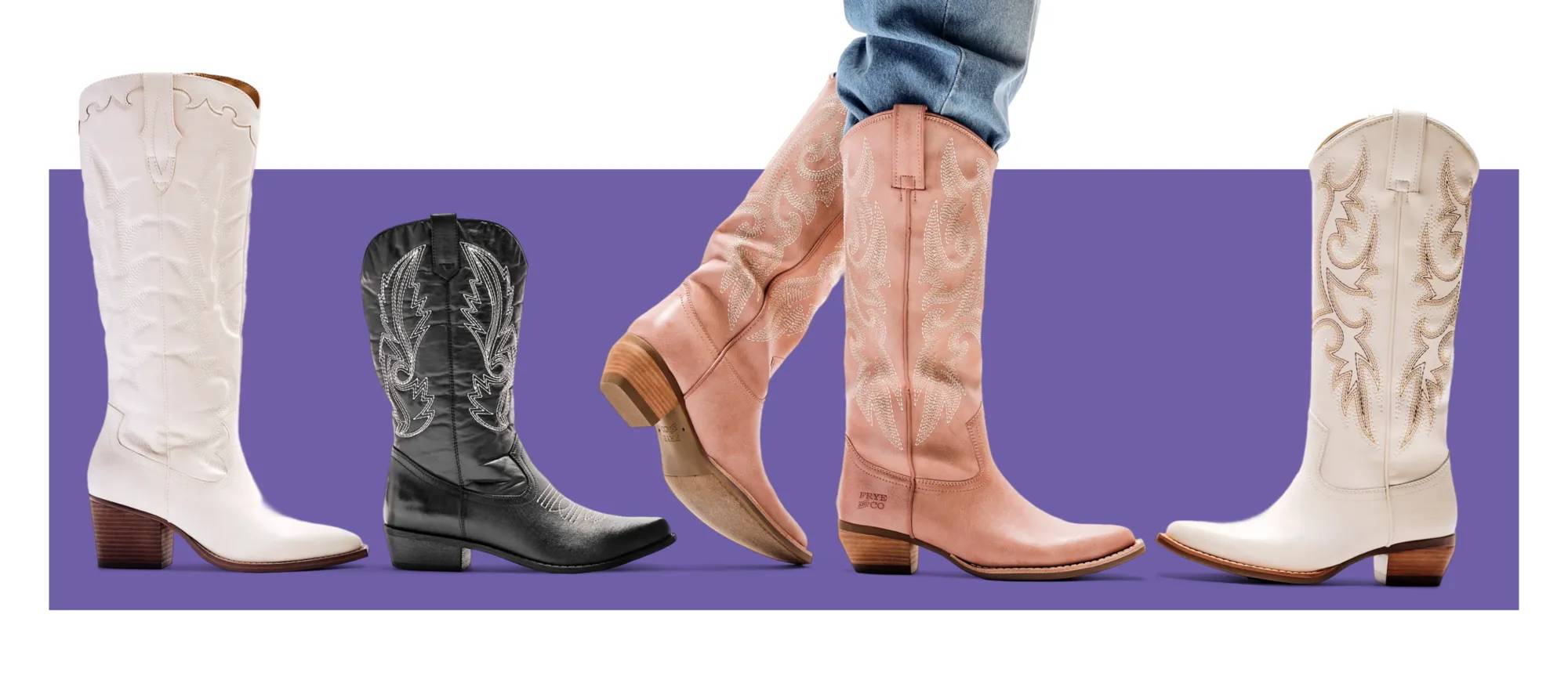 Featuring a variety of western boots & a model wearing one style.