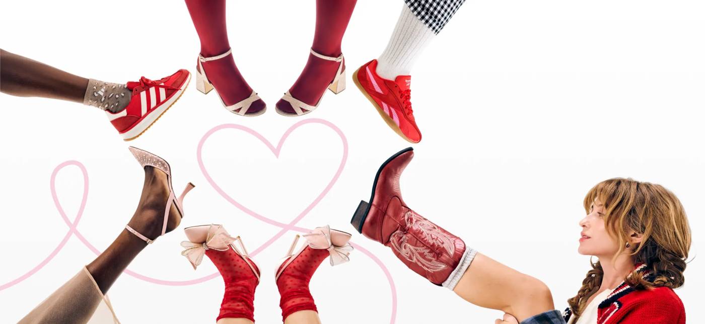 Featuring an assortment of red, white, and pink shoes for valentine's day.