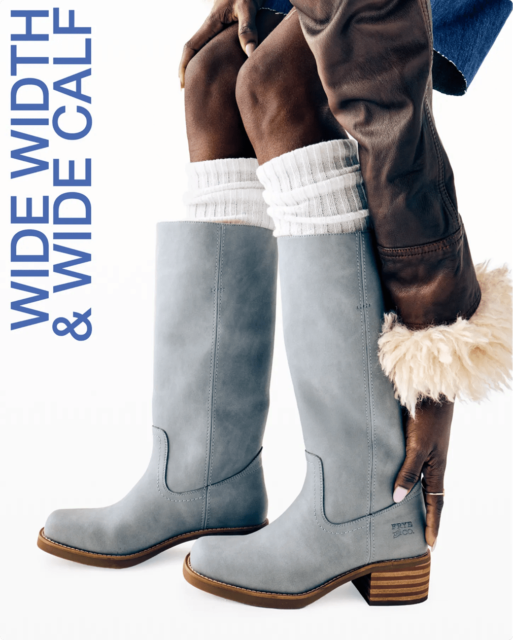 Featuring a blue Frye & co boot