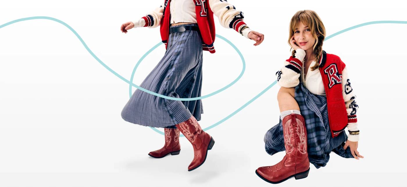 Featuring a model in red western boots.