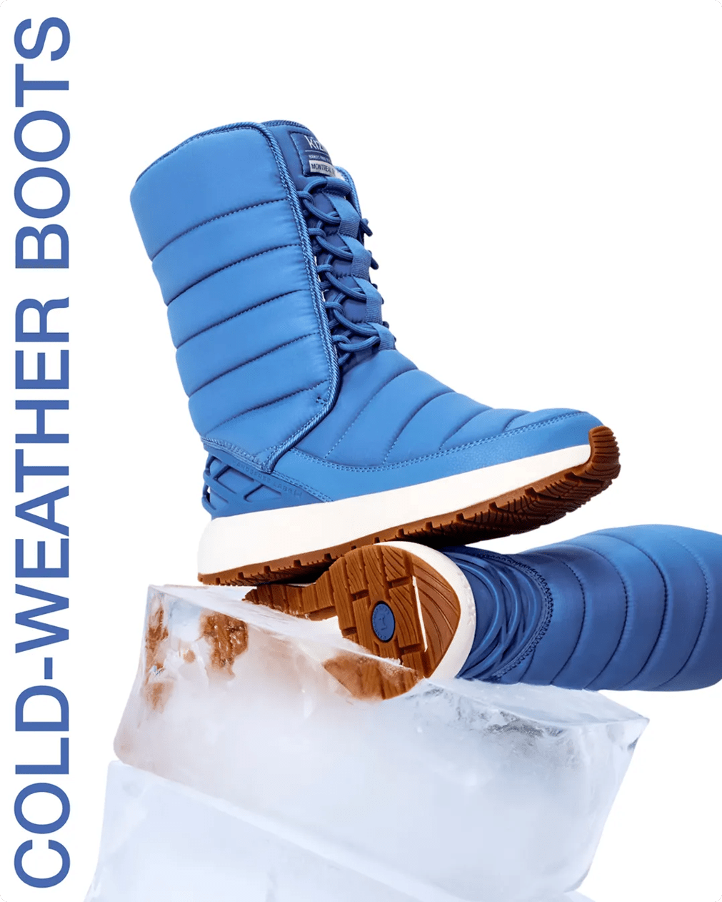 Featuring a blue snow boot.
