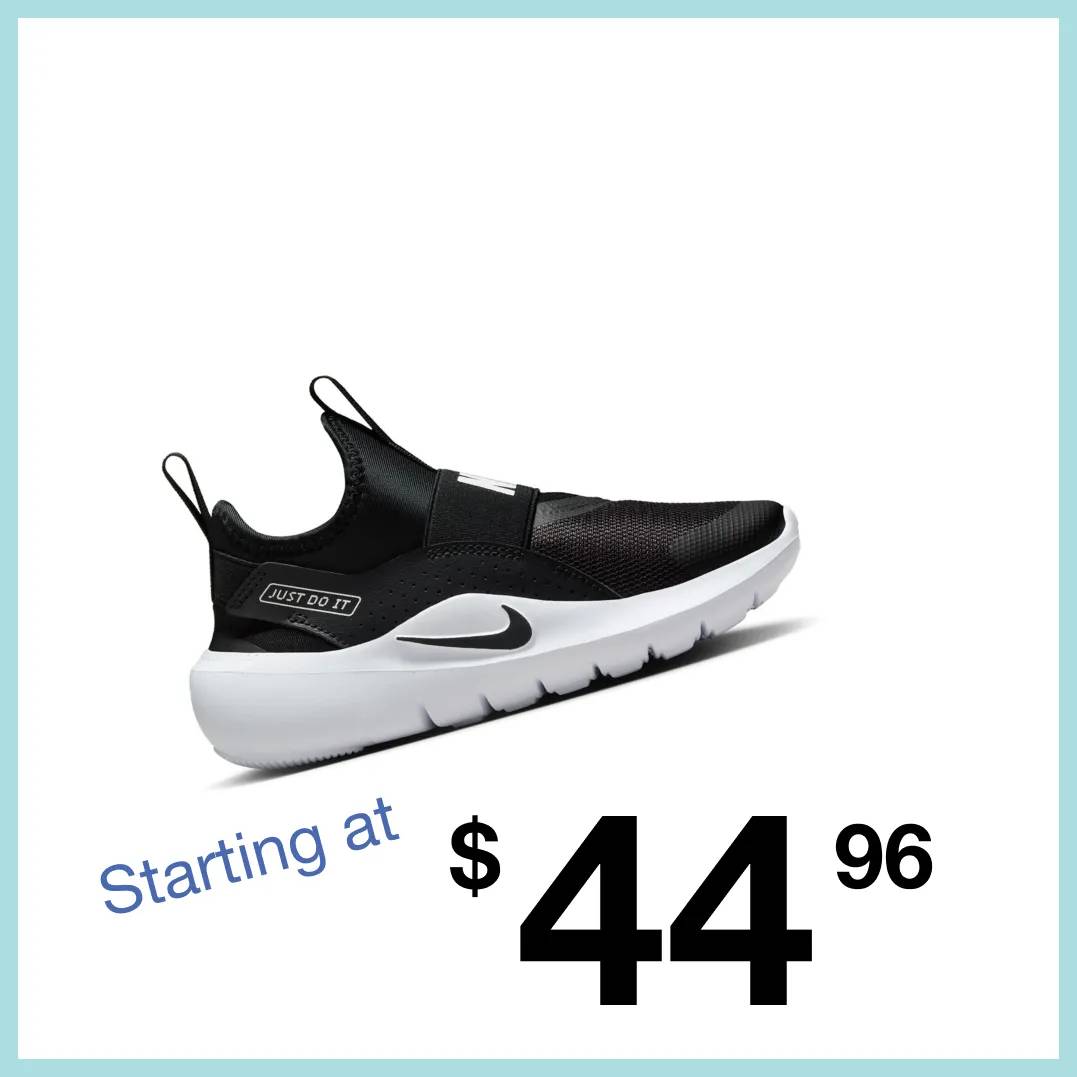 Featuring a kids' black Nike sneaker.