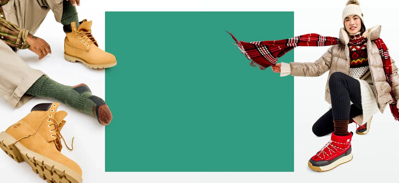 Featuring a male model in men's timberland boots with a female model in Sorel boots.