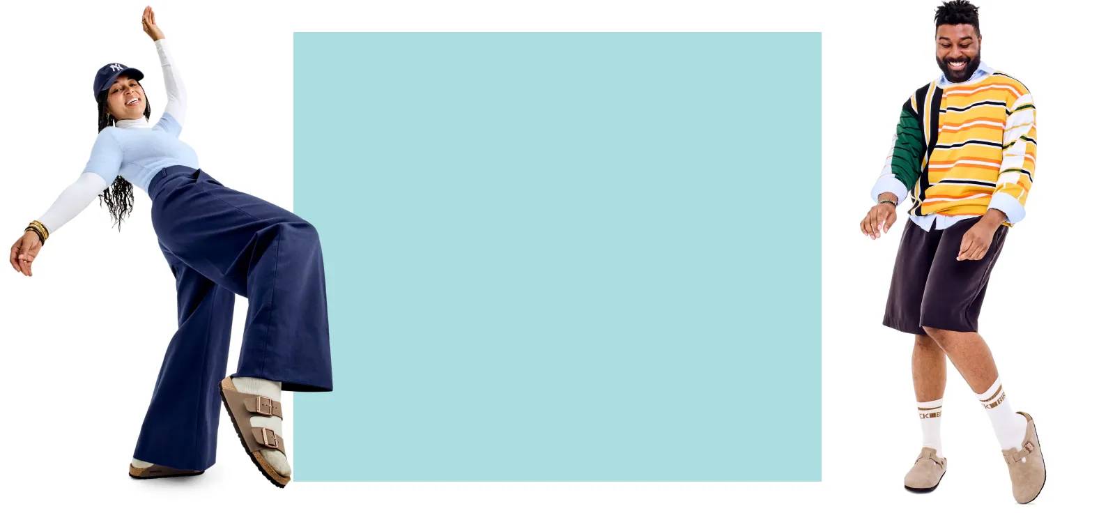 Featuring a male model in Birkenstock clogs and a female model in Birkenstock sandals