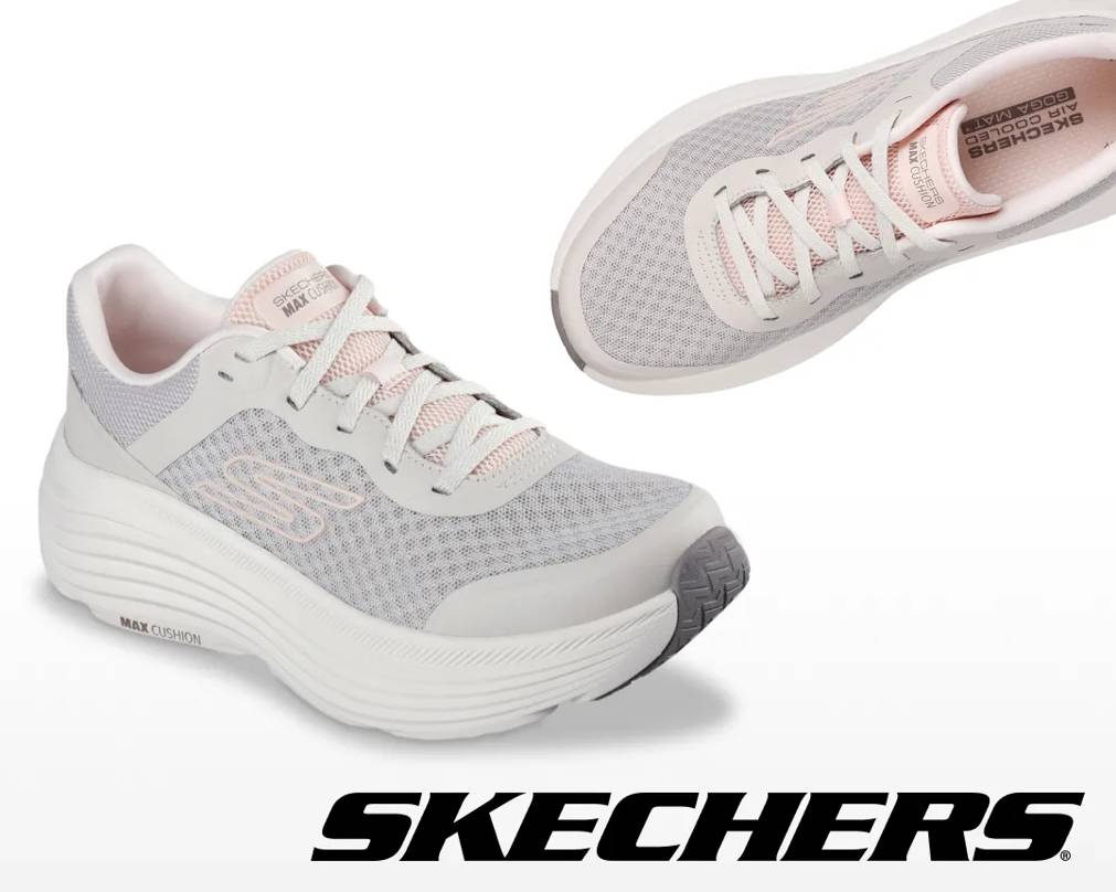 Featuring a women's pink and white Skechers sneaker