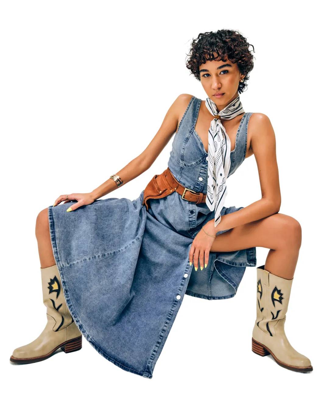 Featuring a model styling western boots.
