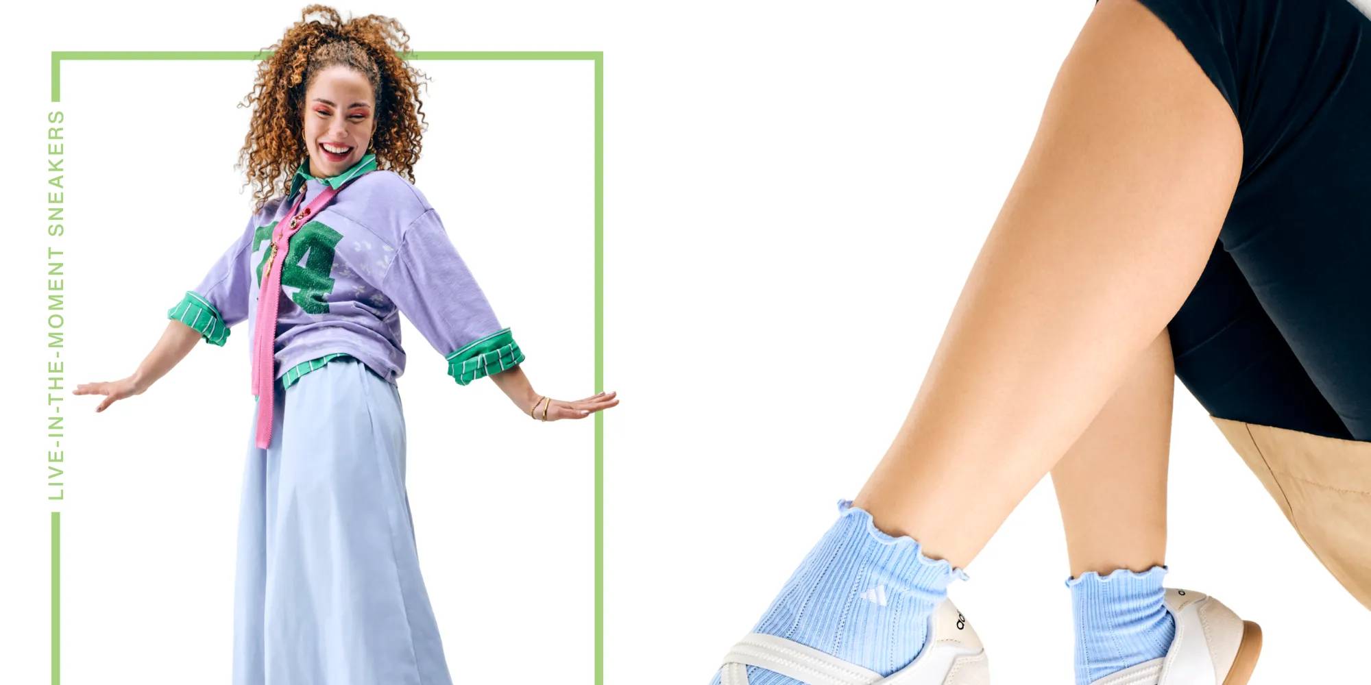 Featuring a model styling court sneakers & adidas mary-janes.
