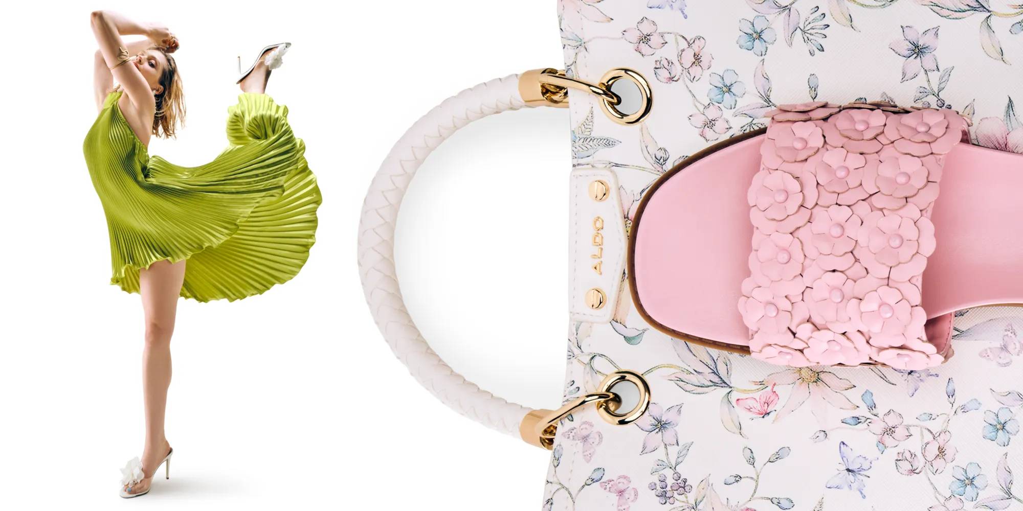 Featuring a model styling floral sandals. Also, showcasing a floral printed handbag with a pink floral sandal.