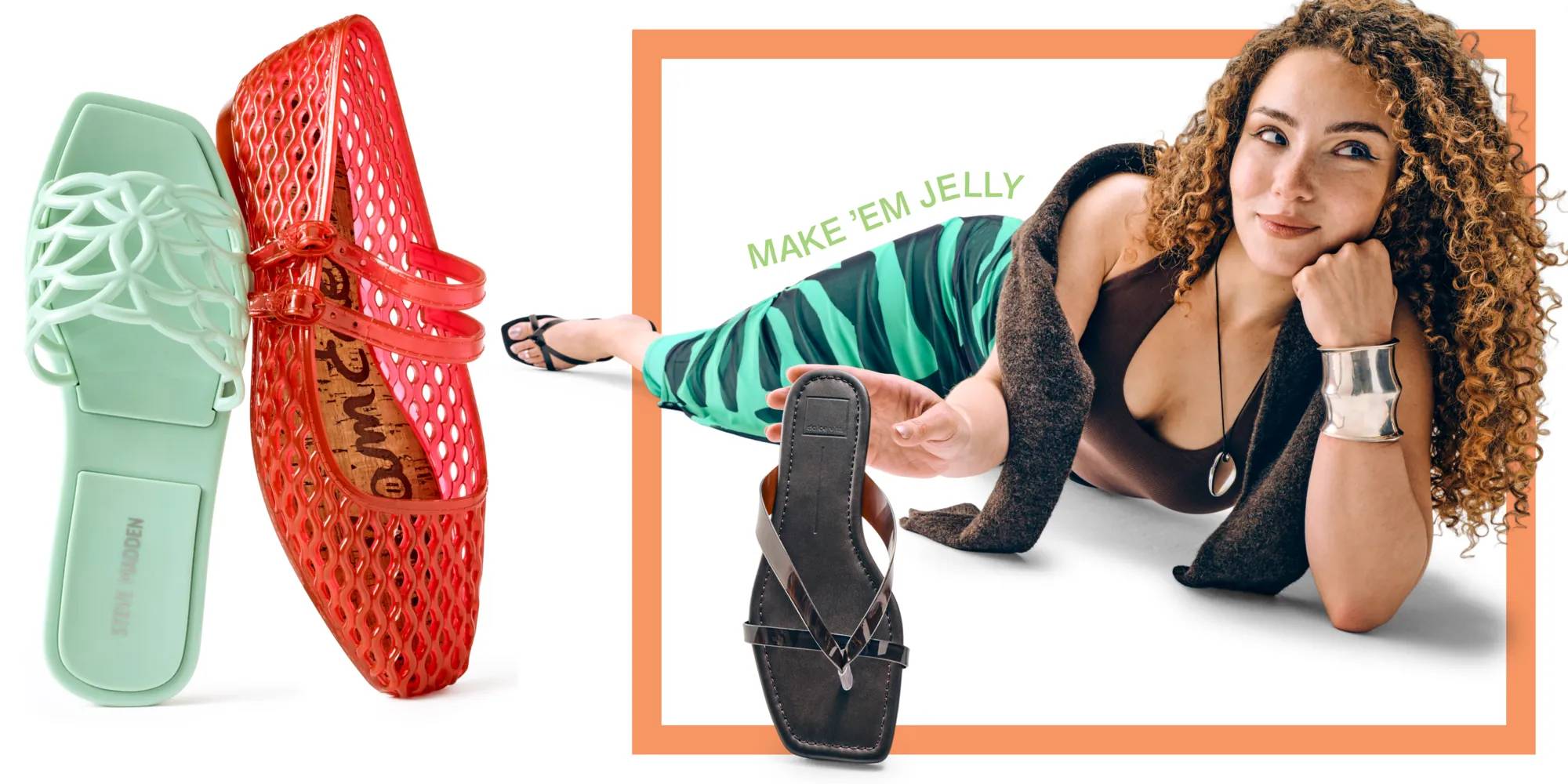 Featuring a few model showcasing a jelly sandals and a variety of colored jelly sandals.
