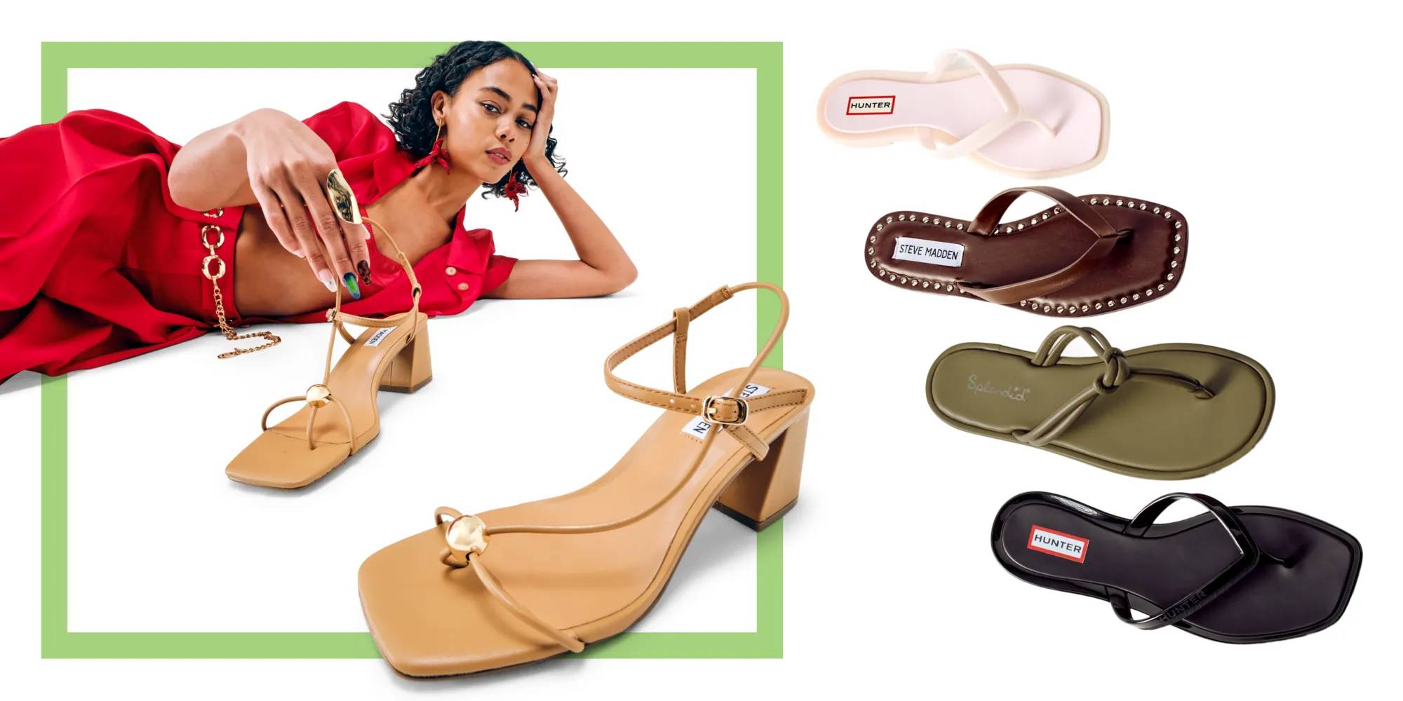 Featuring a model holding a sandal & a variety of other sandals.