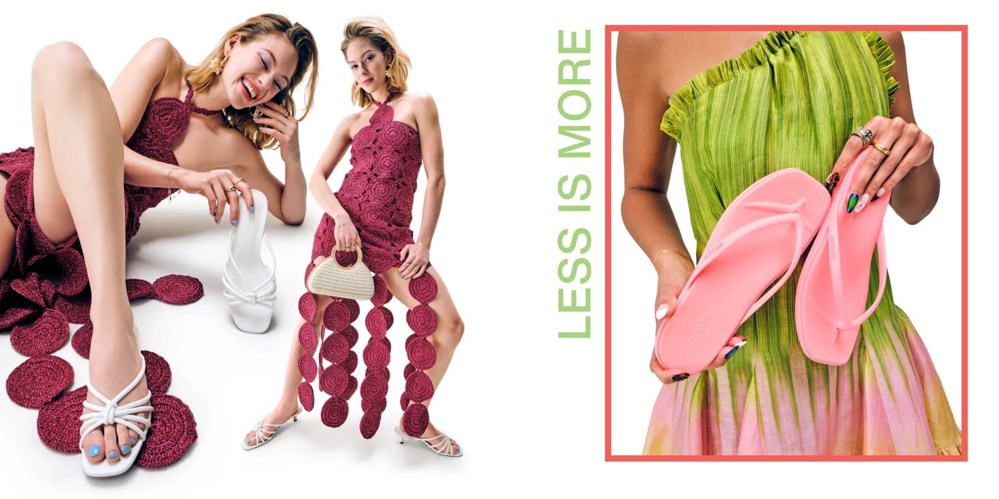 Featuring a few models holding and styling sandals.