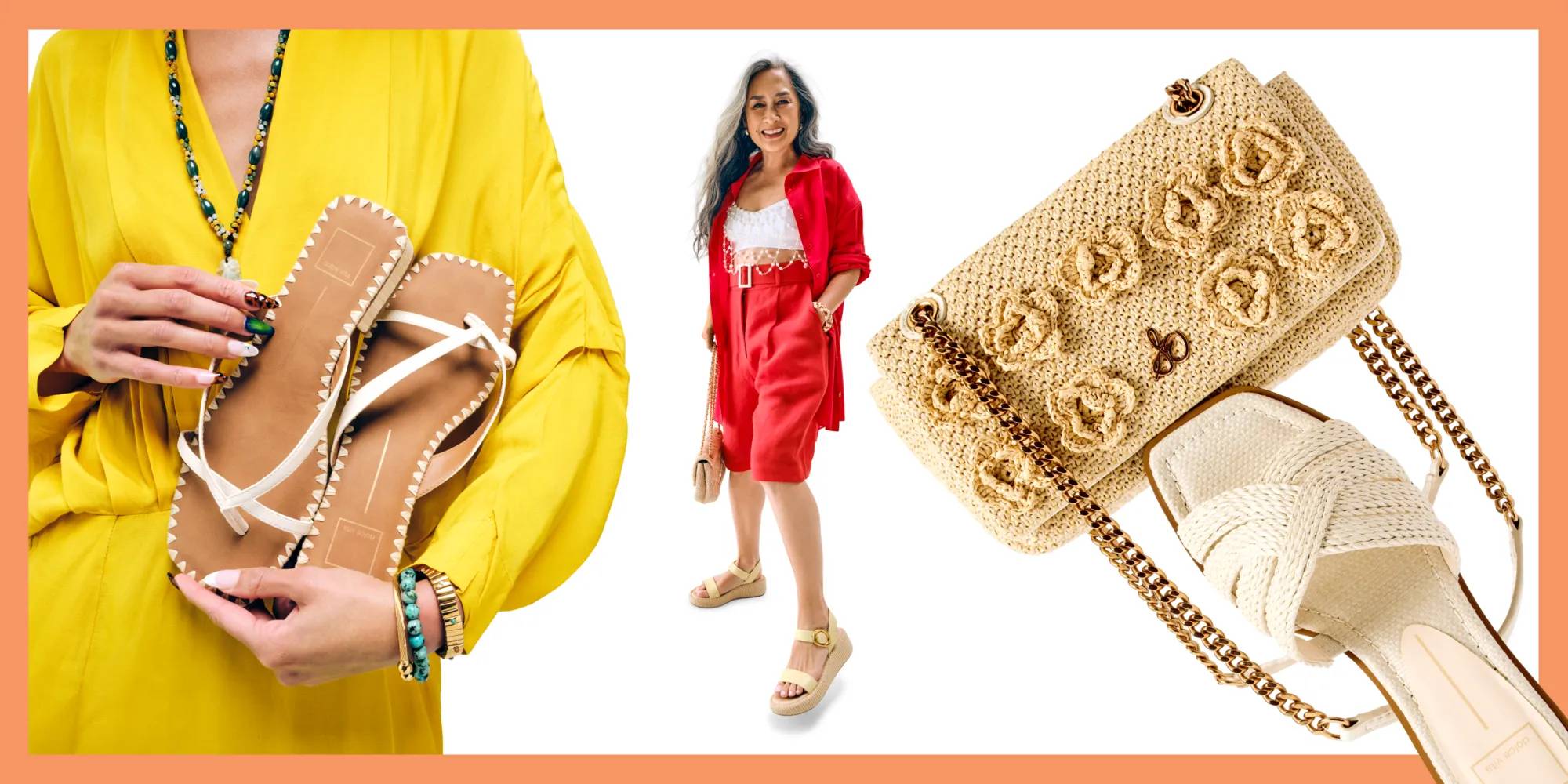 Featuring a model showcasing sandals and natural detailed handbang.
