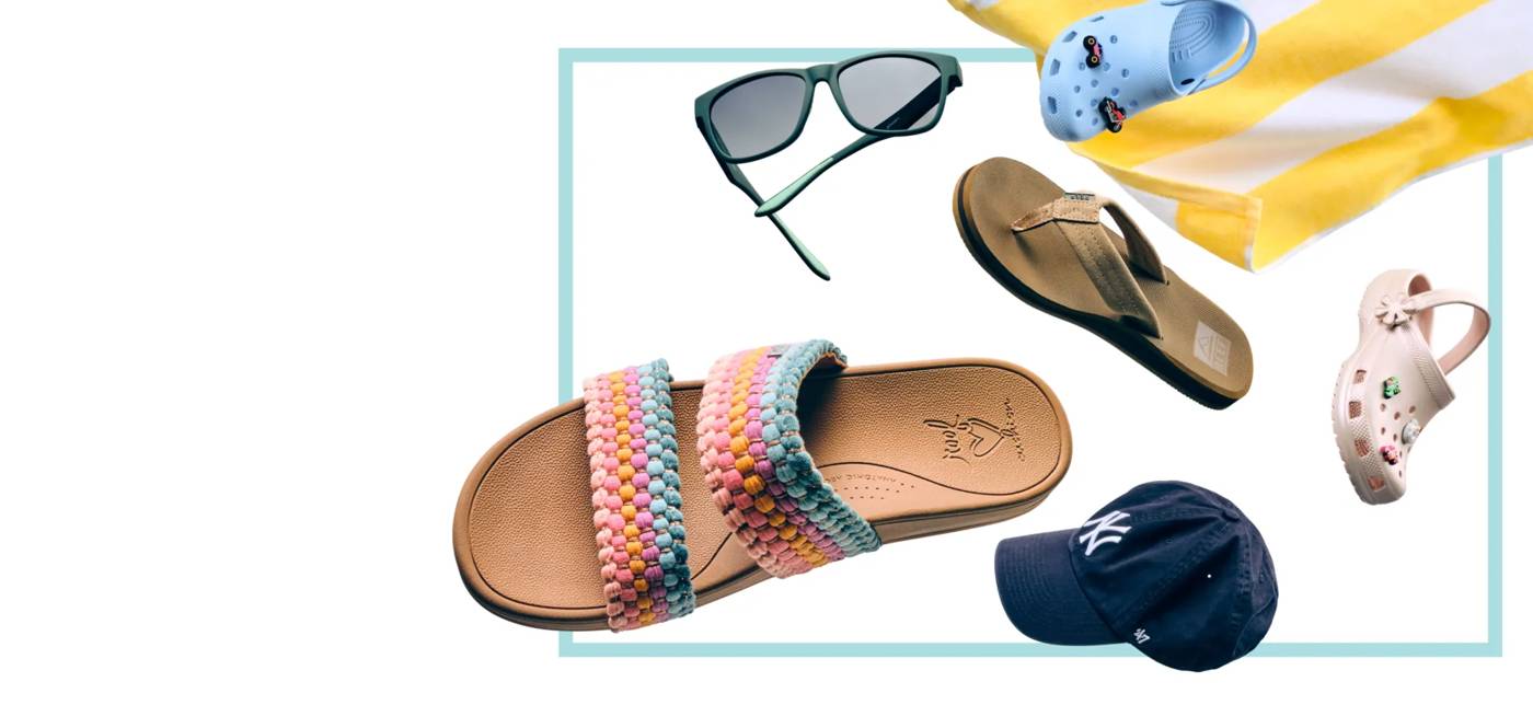 Featuring an assortment of sandals and accessories.