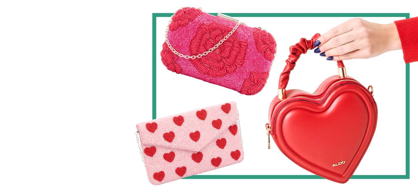 Featuring an assortment of red purses.