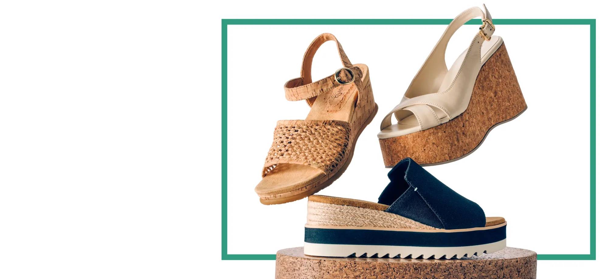 Featuring an assortment of sandals with wedges.