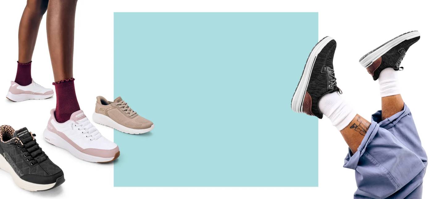 Featuring an assortment of Skechers sneakers.