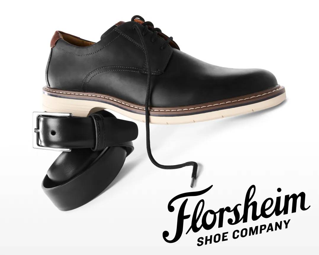 Featuring black shoes and a black belt from Florsheim.