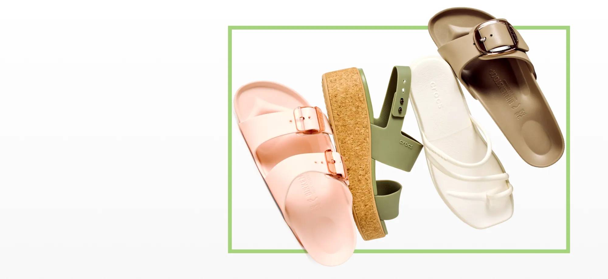Featuring an assortment of spring sandals from Birkenstock and Crocs.