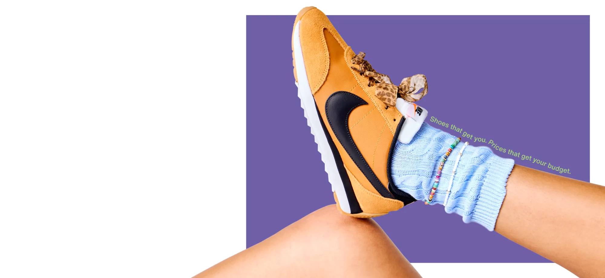 Featuring yellow Nike sneaker.