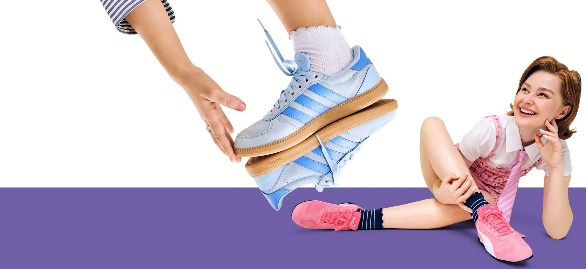 Featuring a woman sporting colorful court sneakers.