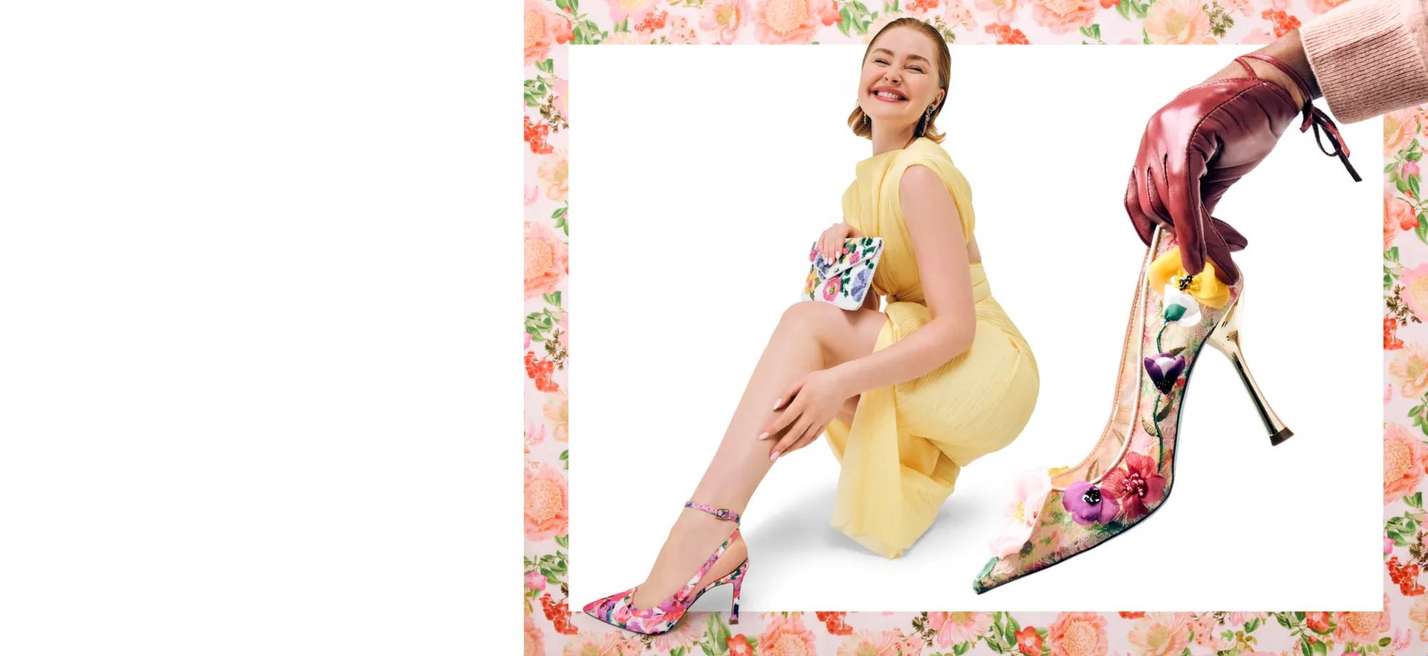 Featuring a woman sporting floral heels and a floral clutch.