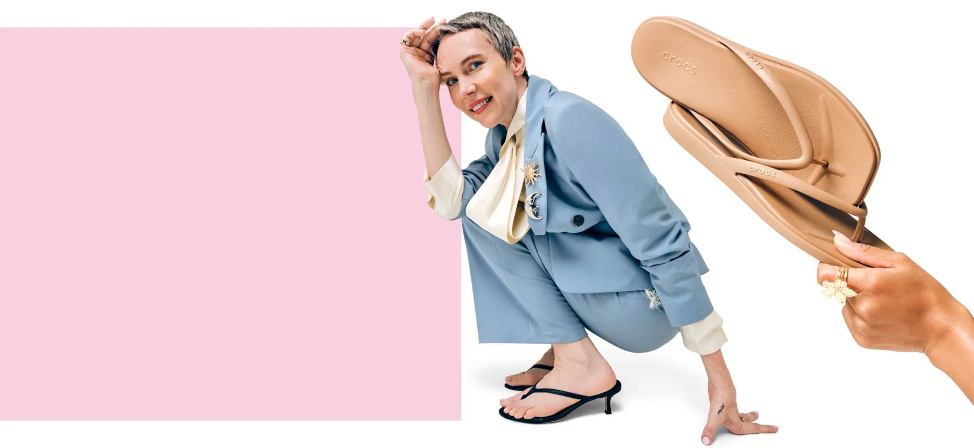 Featuring a woman sporting simple thong sandals.