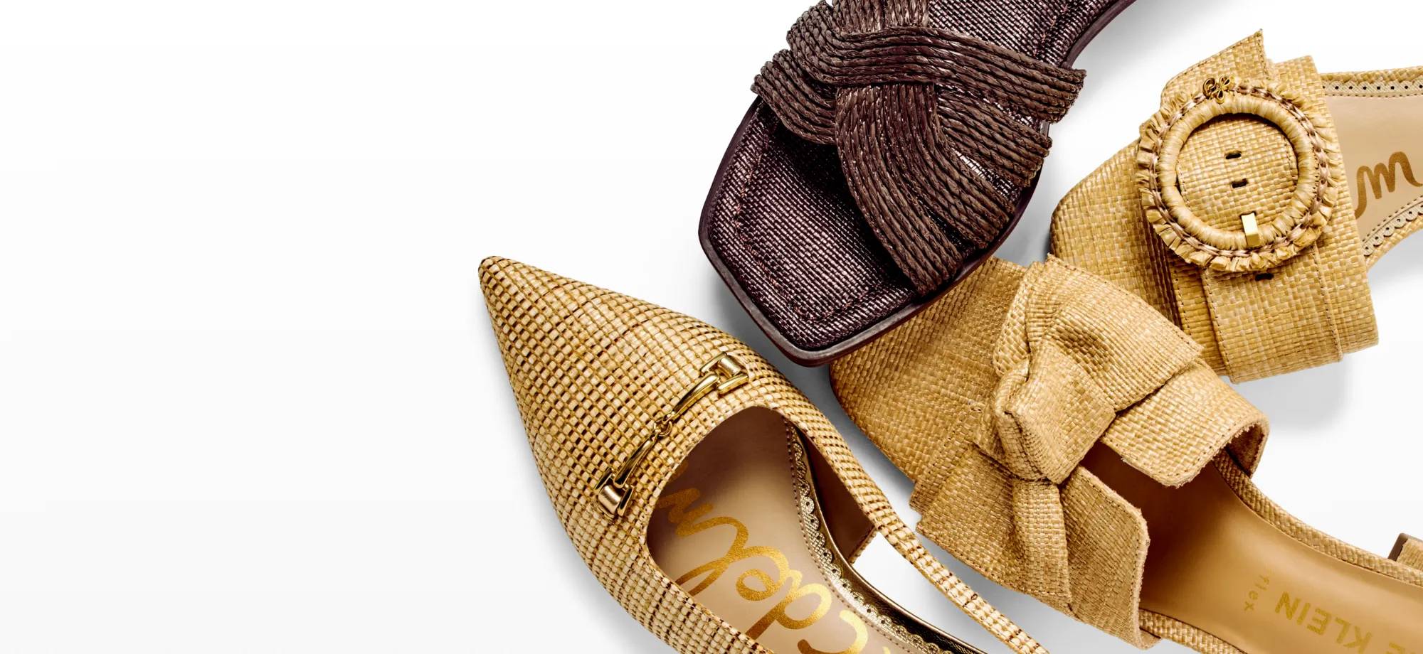 Featuring an assortment of women's shoes made of natural looking materials.