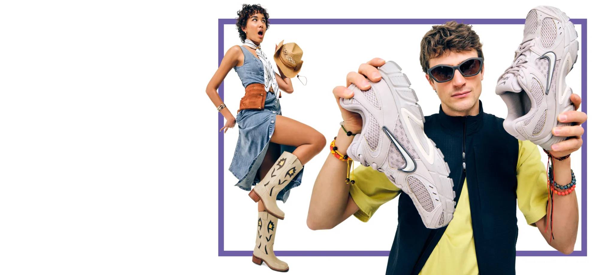 Featuring a woman in cowboy boots and a man holding up Nike sneakers.