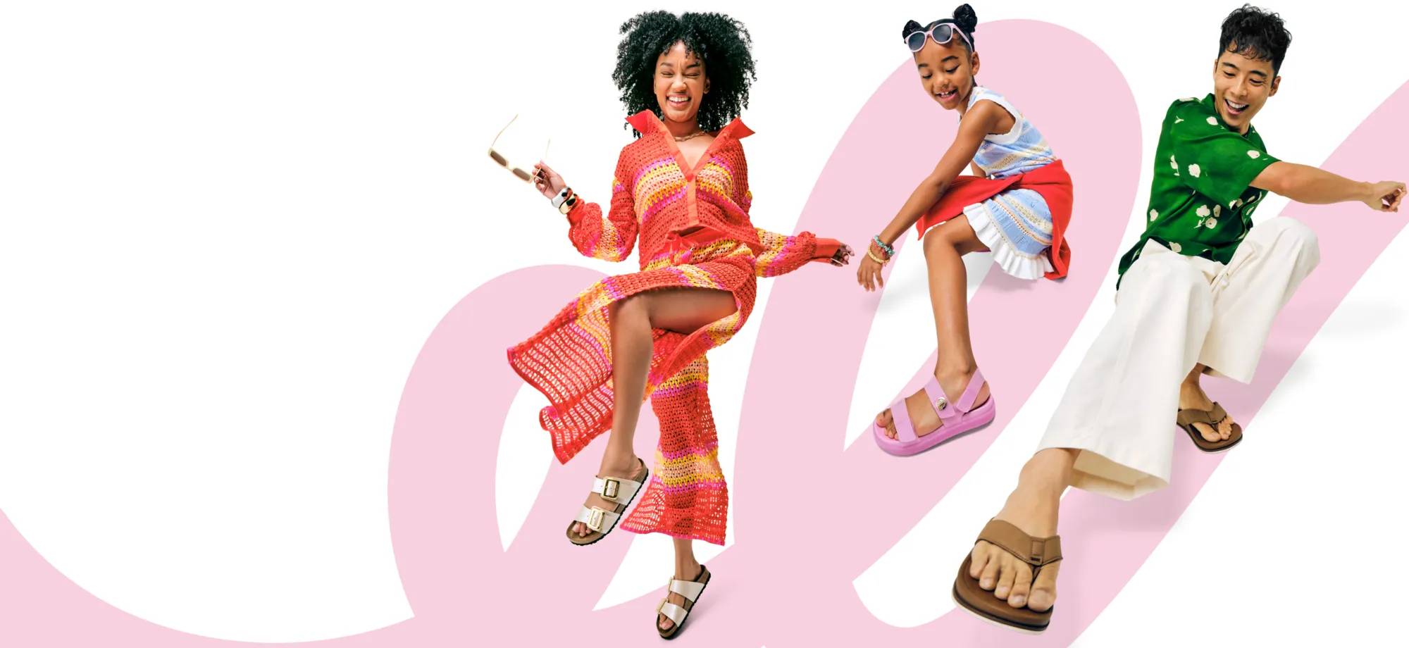 Featuring a family wearing sandals ready for spring break.