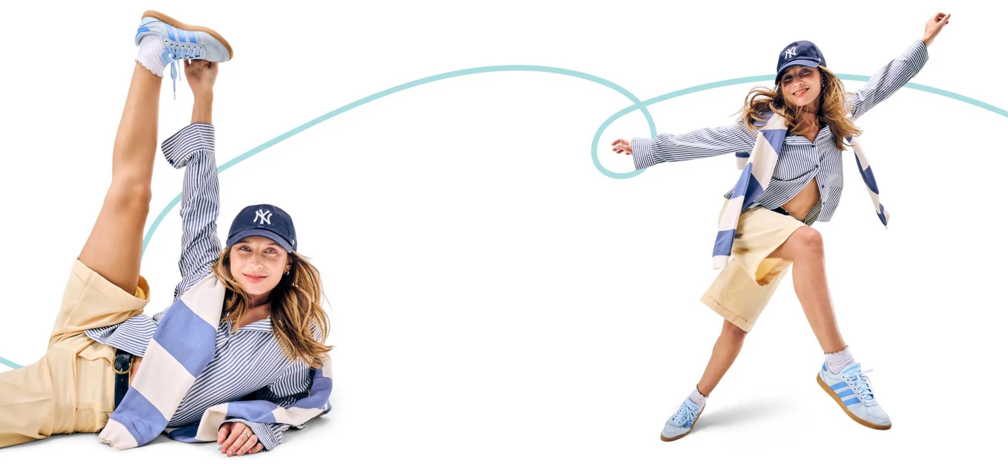 Featuring a woman wearing Adidas court sneakers.