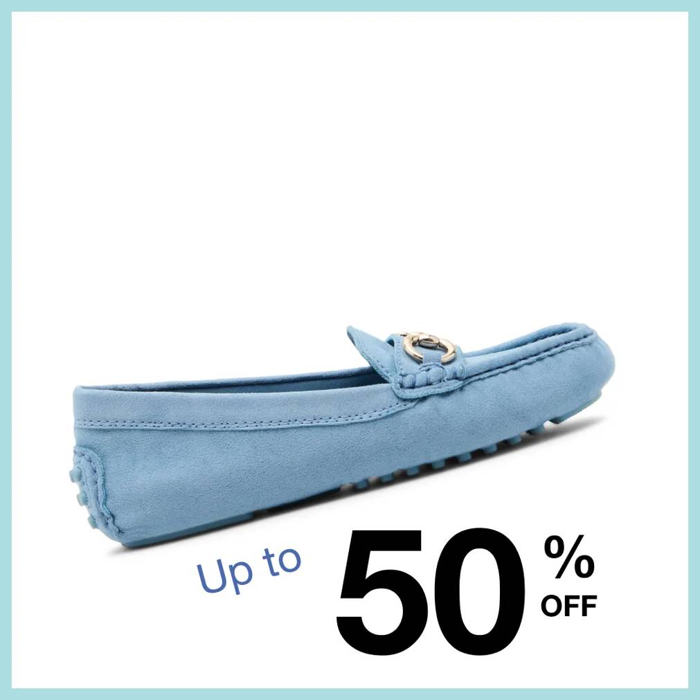 Featuring a women's bright blue loafer.