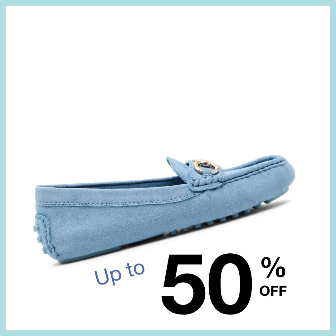 Featuring a women's bright blue loafer.